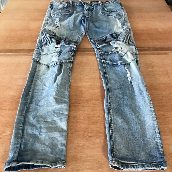 KDNK Moto Jeans Men 38x30 Blue Mid Rise Distressed Stretch Biker Grunge 16721 - Picture 1 of 11